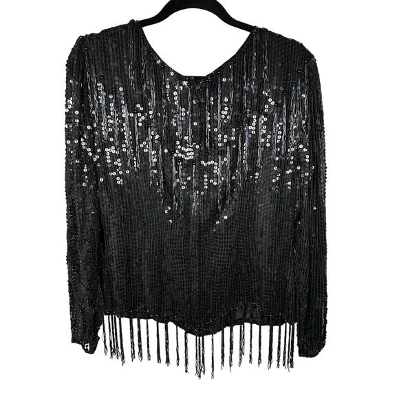 Vintage Swee Lo Black Sequins Beaded Fringe 100% Silk Blouse Women's Medium - Picture 2 of 8